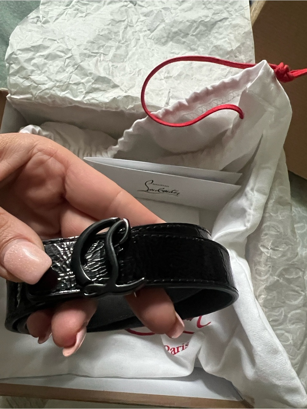 Christian Louboutin Black Patent Leather Logo Belt
